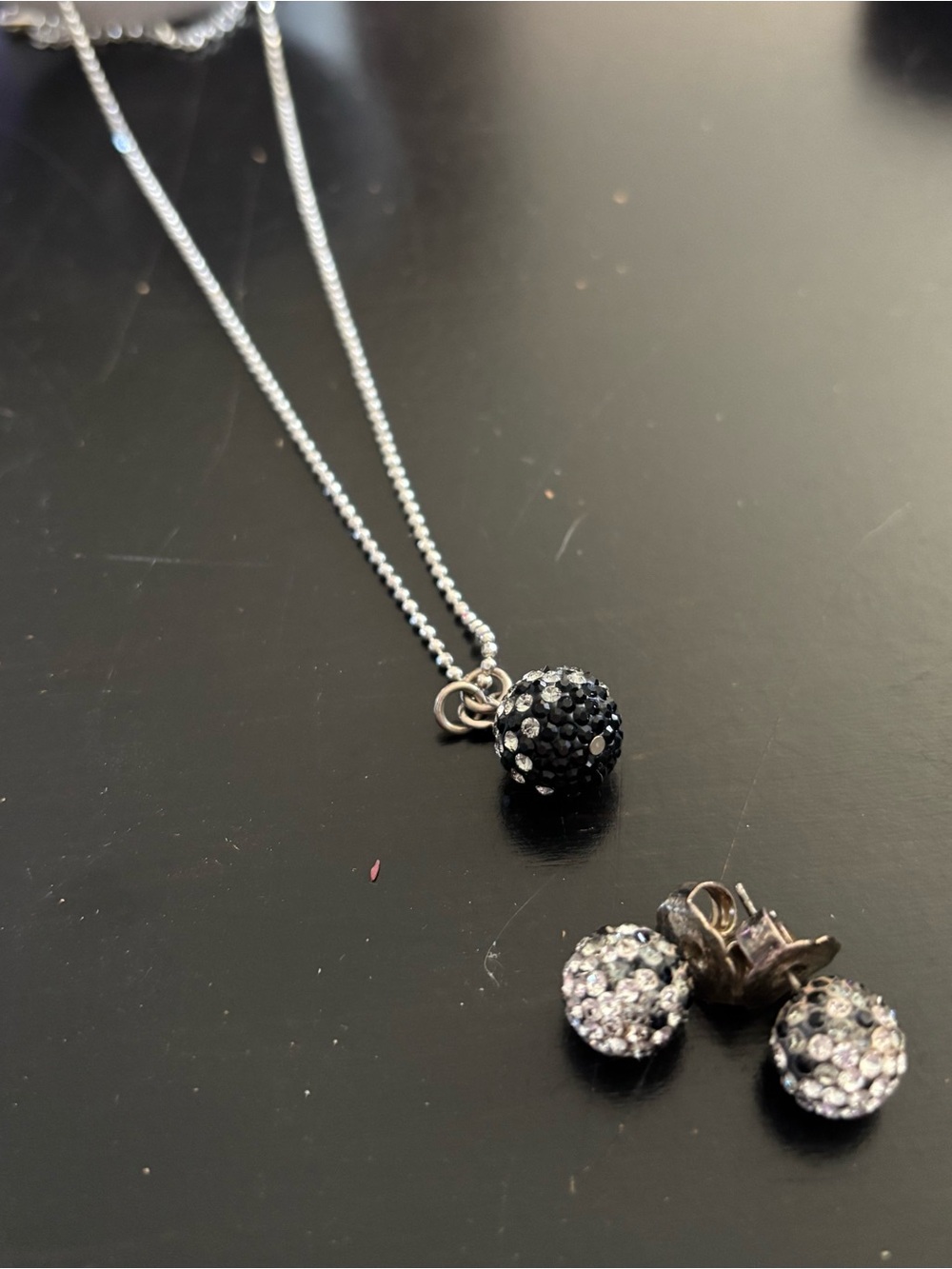 Black Pavé Crystal Ball Necklace with Matching Studs - Women Jewelry